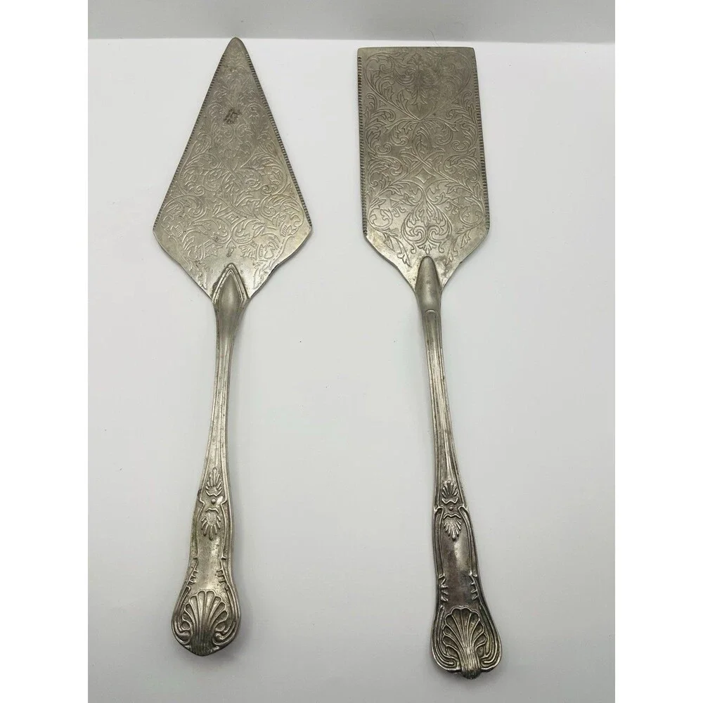 Vintage Silverplate Cake & Pie Server Set Ornate Engraved Floral